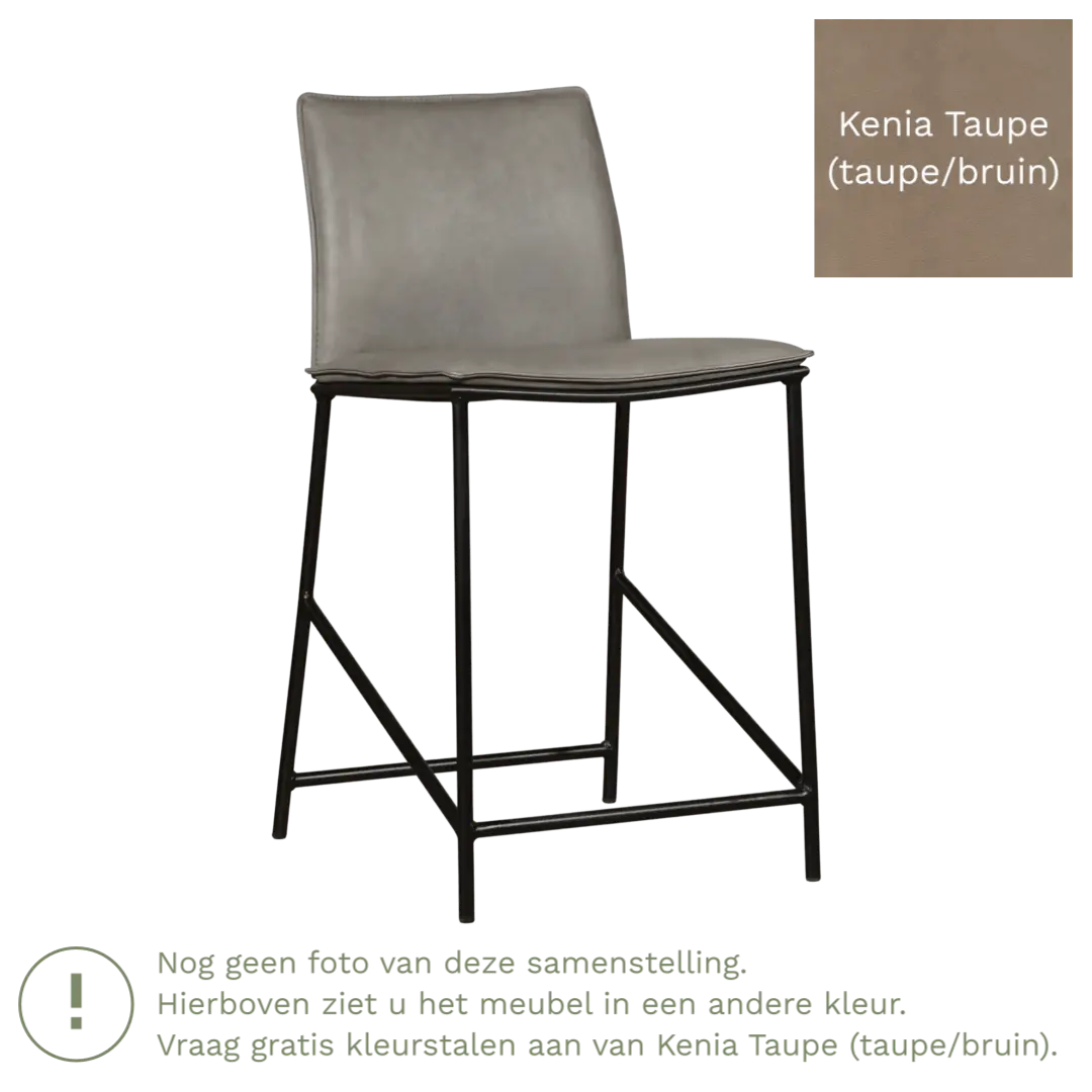 afbeelding van Leren barkruk laag Favor - Kenia Taupe (taupe/bruin) - poten staal rond zwart